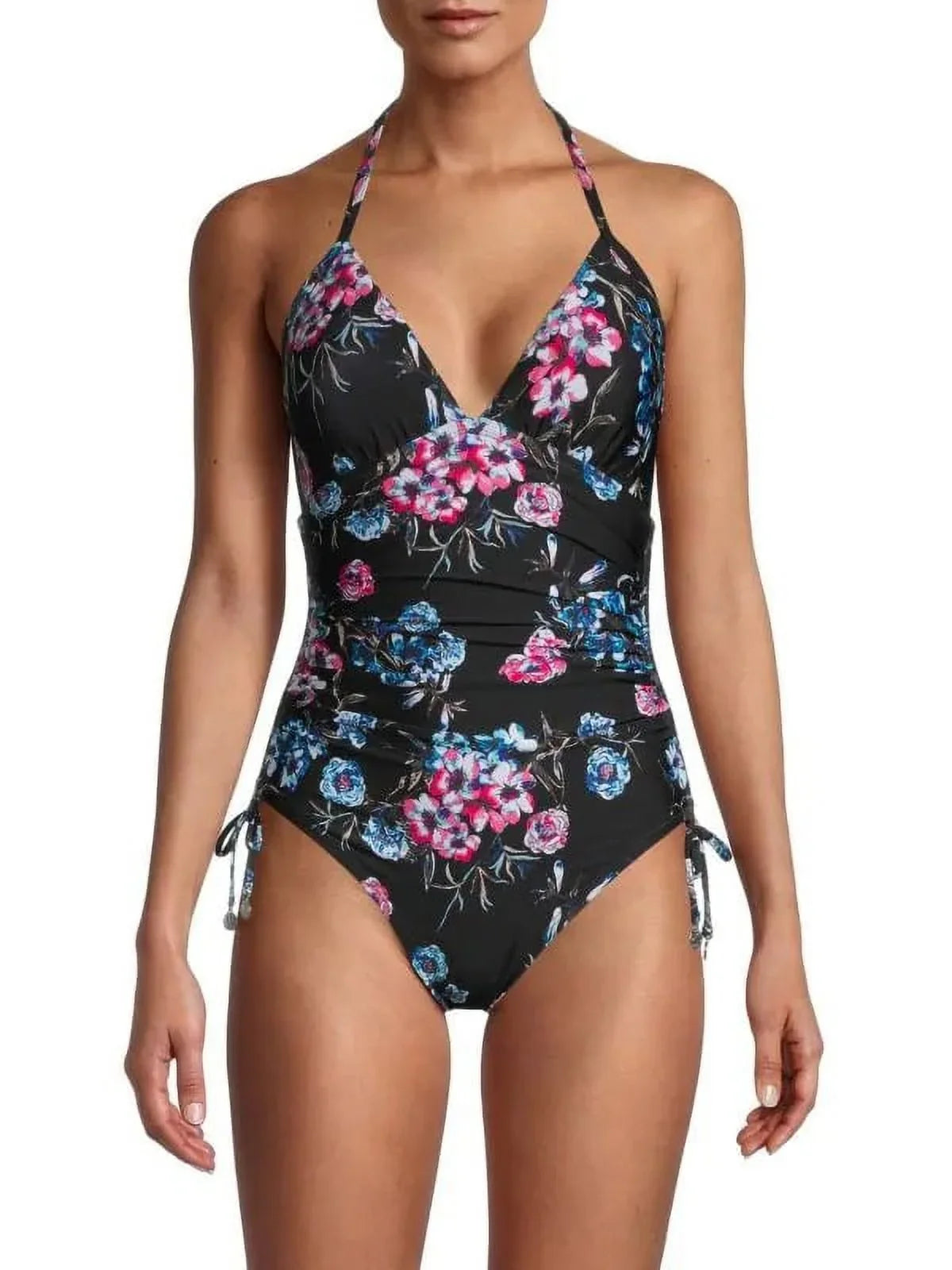 DKNY BLACK FLORAL Floral-Print Halterneck One-Piece Swimsuit, US 14