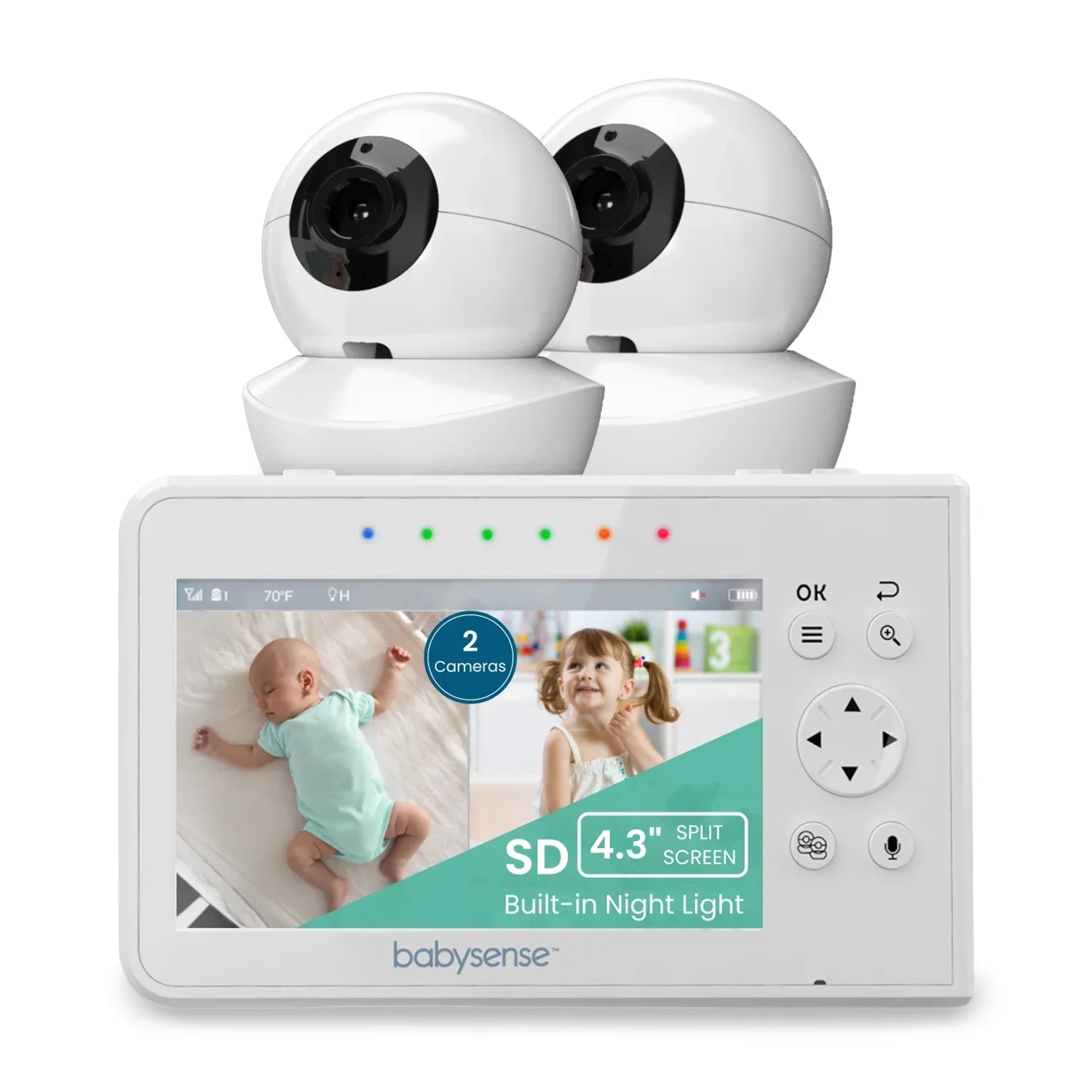 Babysense Split Display Video Baby Monitor, 4.3" Display with 2 PTZ Cameras, Long Range, Night Light & Vision, Two-Way Talk, V43