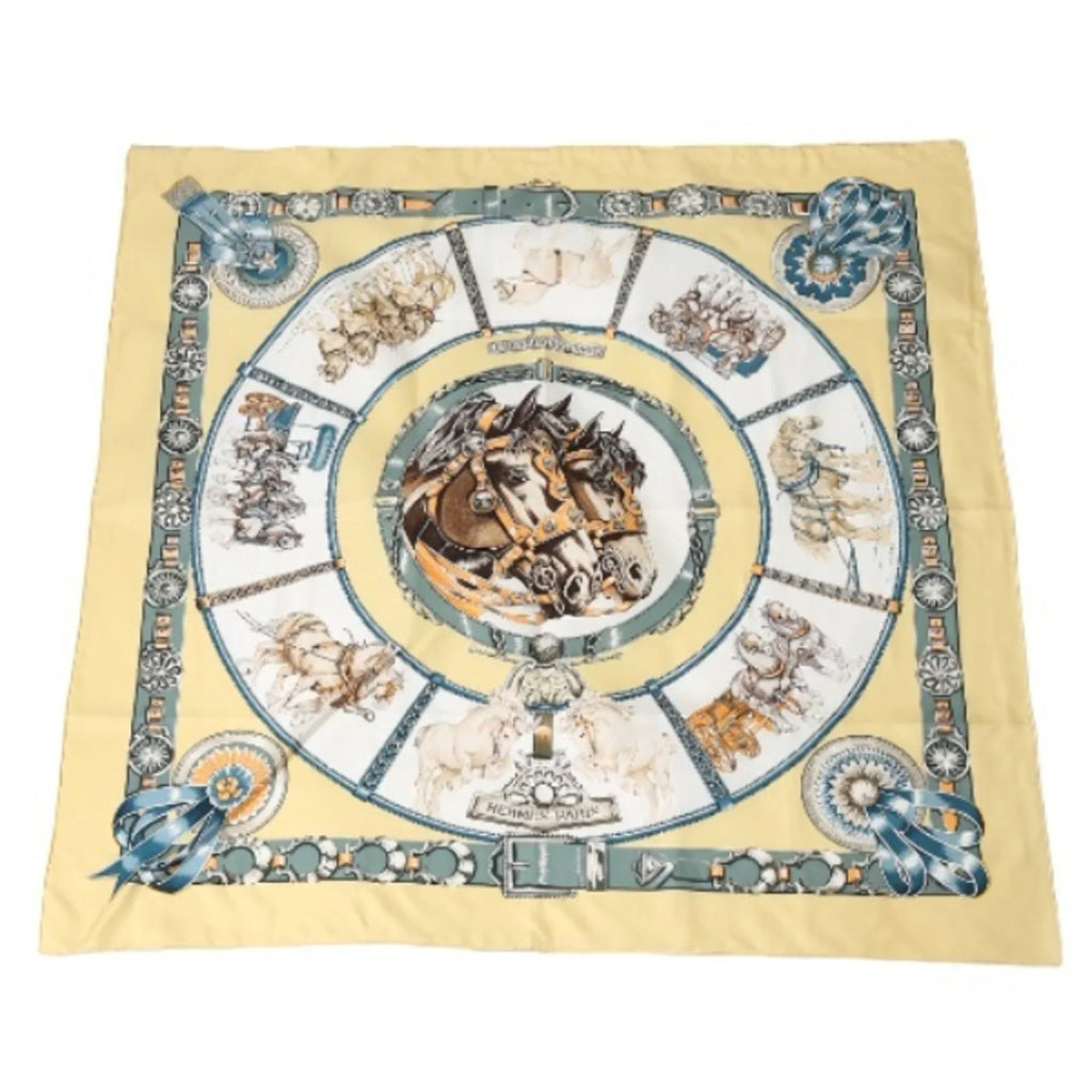 Pre-Owned HERMES Taima Kare90 100% Silk Hermes Yellow Scarf (Fair)