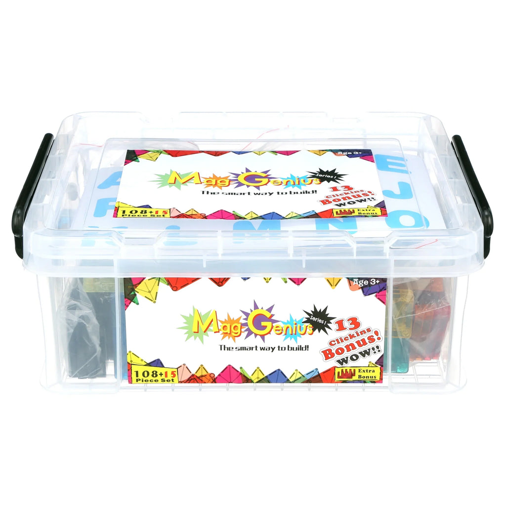 Mag-Genius Award Winning building Magnet Tiles Clear Colours 3D Brain Building Blocks Set of 105 + Pieces Includes 2 Cars And Free Storage Bin
