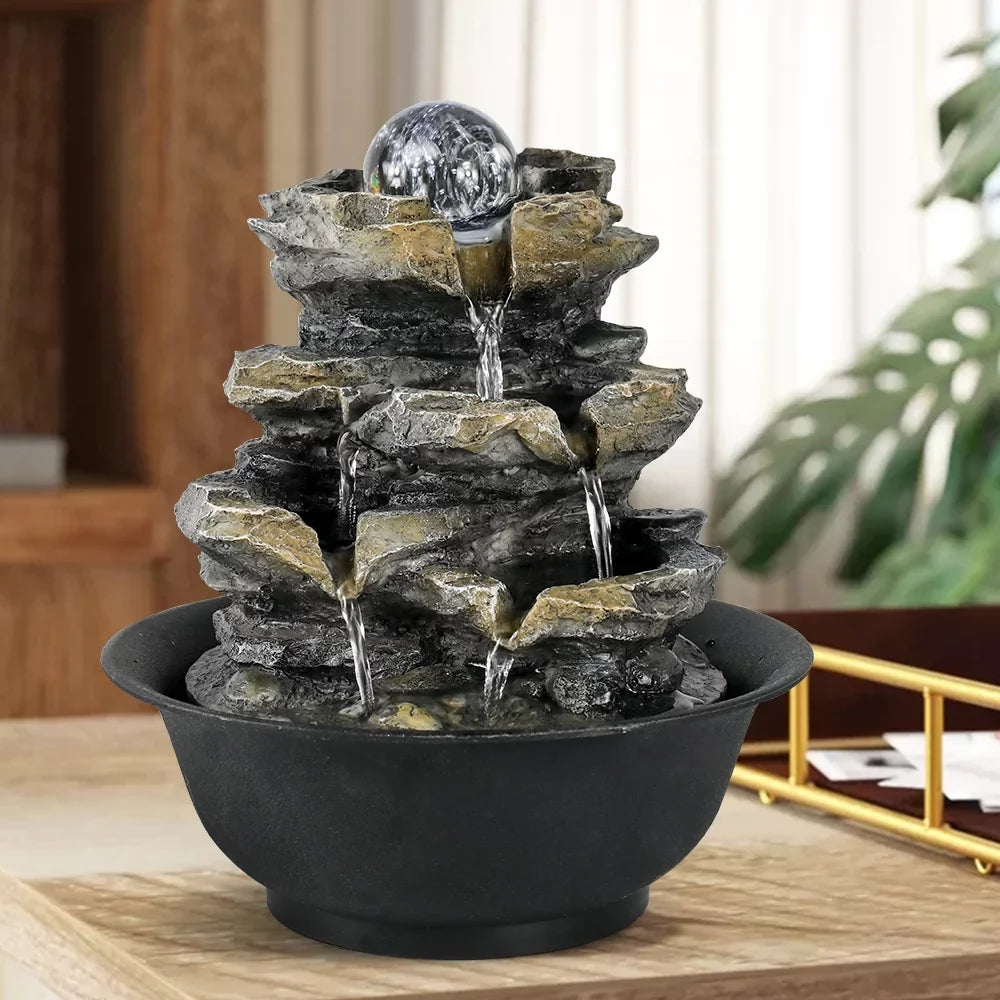 8.3-inch High 4-Tier Cascading Rock Falls Tabletop Liquid Fountain with LED Lights for Home and Office Decor