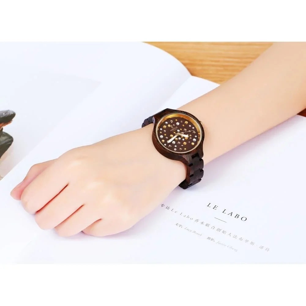 Womens Brown Salwood Watch with Crystals, Gold Bezel, Business Casual, Swiss Ronda Movement, 1ATM Fluid Resistant MTJW13040
