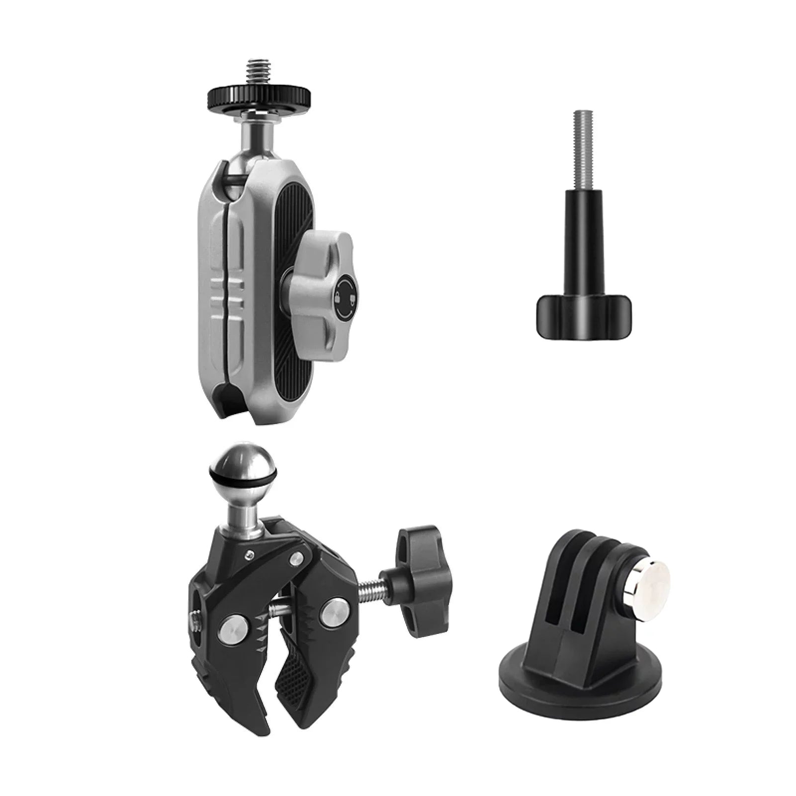 Aluminum Alloy Camera Mount Clamp - Bicycle Handlebar Adapter, 1.5kg Load Capacity, Dual Rotatable Ball Head, Adapter, Compatible with AKASO, DJI, Hero 11/10/9/8/7, Insta360