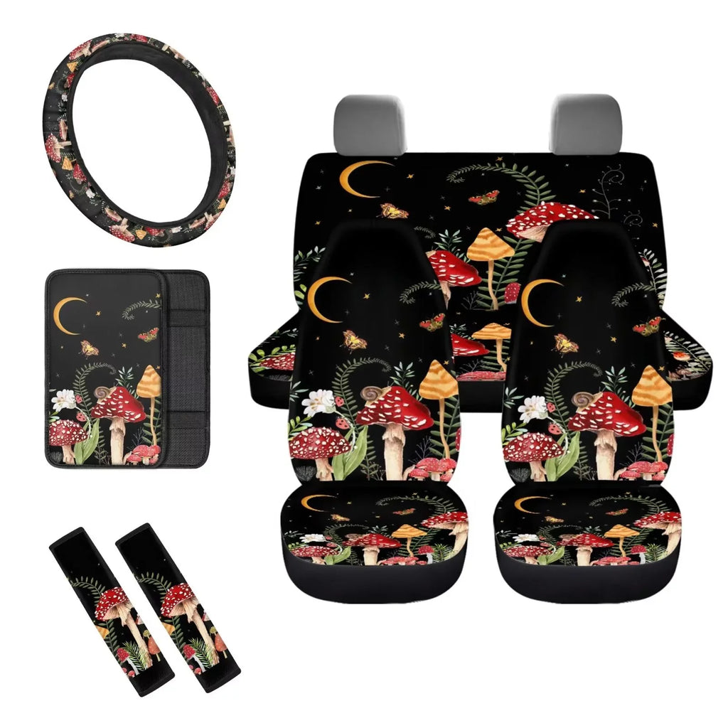 Binienty Interior Accessories Car Seat Cover Set of 8-Van Sedan Seatbelt Pad+Center Console Pad+Front Back Saddle Blanket Cover+Auto Settring Wheel Cover AestheticMushroom Print