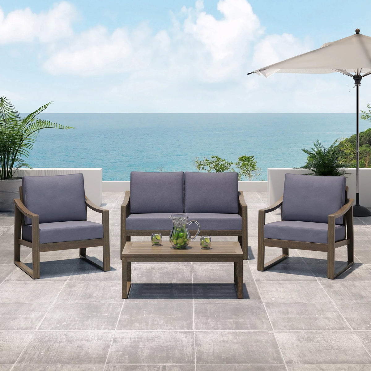 GDF Studio Johnlucas Outdoor Acacia Wood 4 Seater Chat Set with Cushions, Gray and Dark Gray