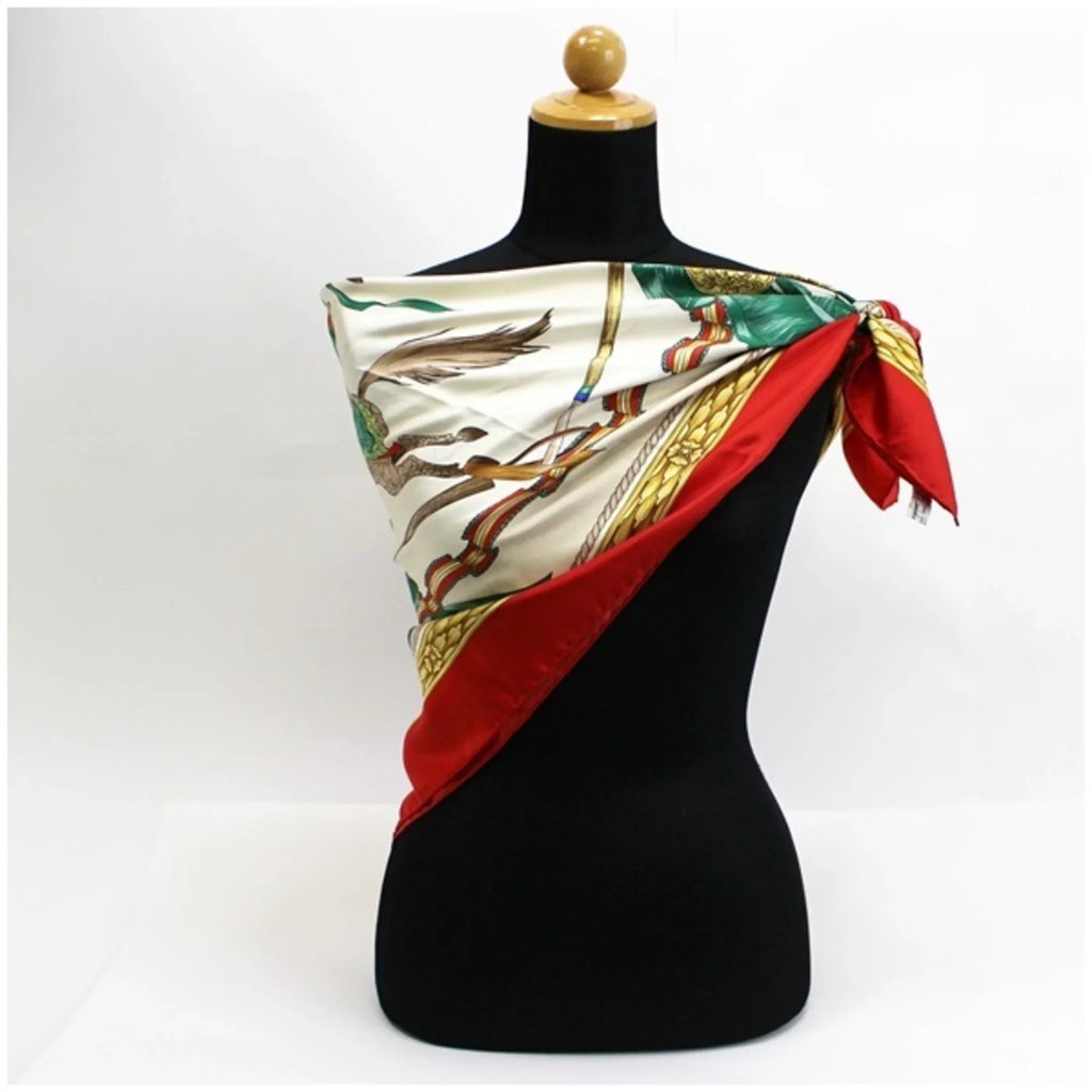 Pre-Owned Ferragamo Silk Scarf Stole Muffler Red x White Horse Pattern SALVATORE FERRAGAMO | Ladies (Good)