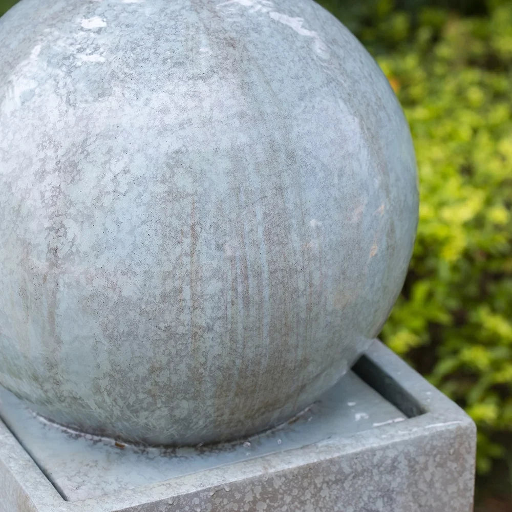 CoSoTower 13X13X44" Tall Contemporary Sphere Outdoor Liquid Fountain, Cement/Concrete Outdoor Fountain, Antique Blue Raindrop Fluid Feature with Light for Garden, Lawn, Deck & Patio