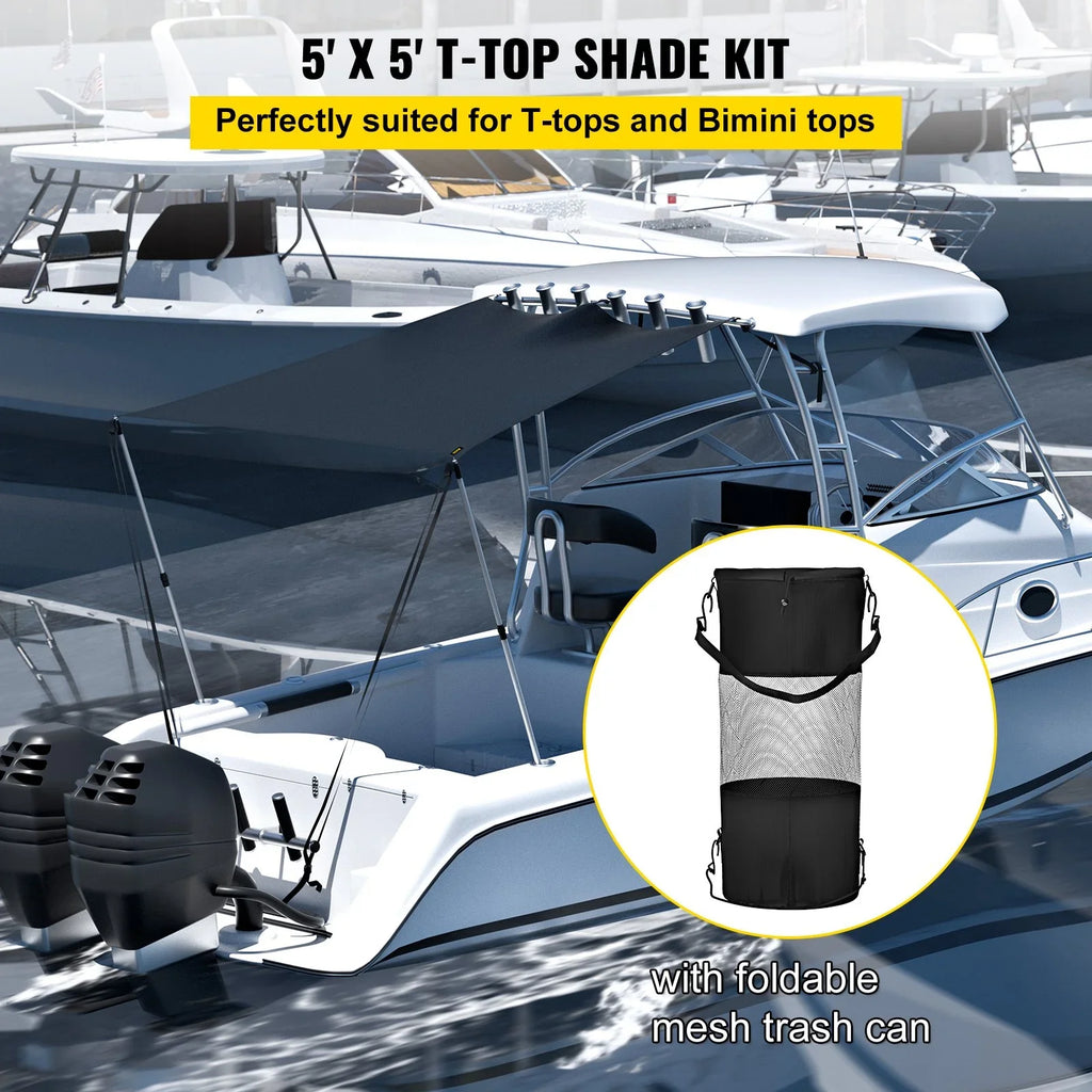 VEVOR 5'x5' UV-Proof T-Top Sun Shade Kit - 600D Polyester with Rustproof Telescopic Steel Poles, Liquid Easy Assembly for T-Tops & Bimini Tops