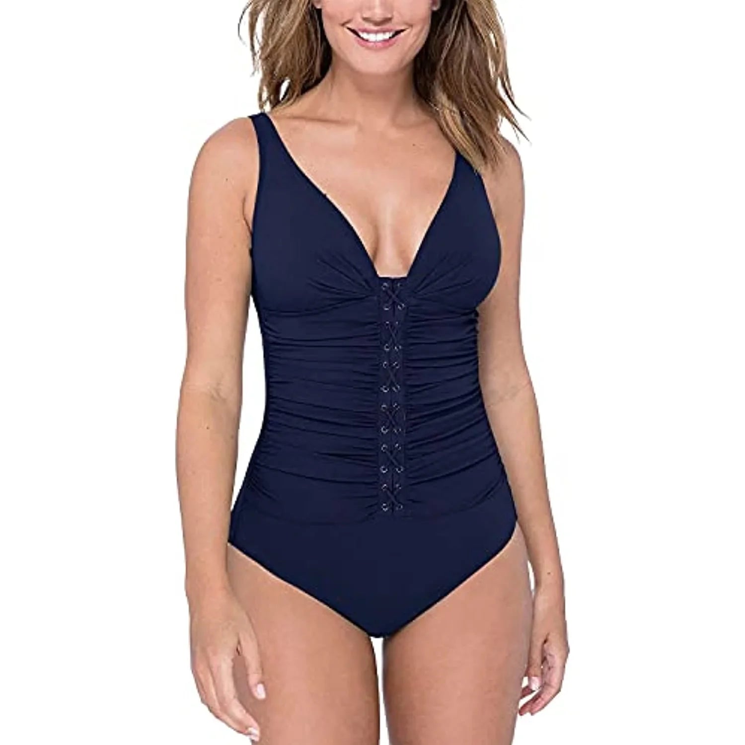 Profile By Gottex Women's D-Cup Lace-Front One Piece Tummy Control Swimsuit Navy 14D