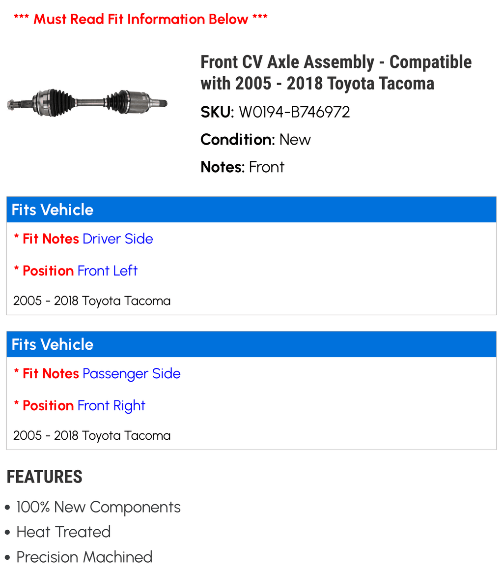 Front CV Axle Assembly - Compatible with 2005 - 2018 Toyota Tacoma 2006 2007 2008 2009 2010 2011 2012 2013 2014 2015 2016 2017