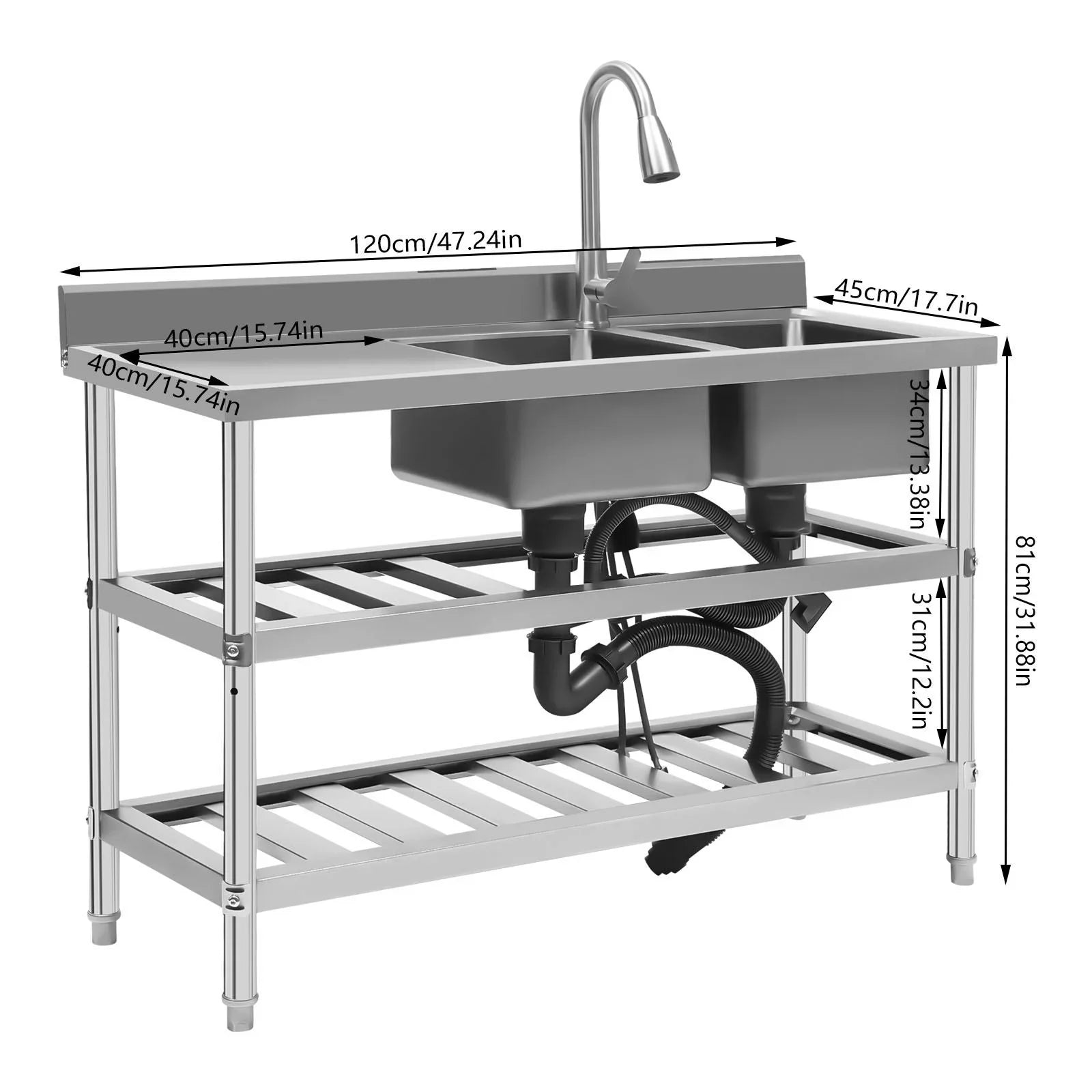 Wuzstar Commercial Utility Sink, Stainless Steel Double Bowl Kitchen Sink with Hot and Cold High Faucet