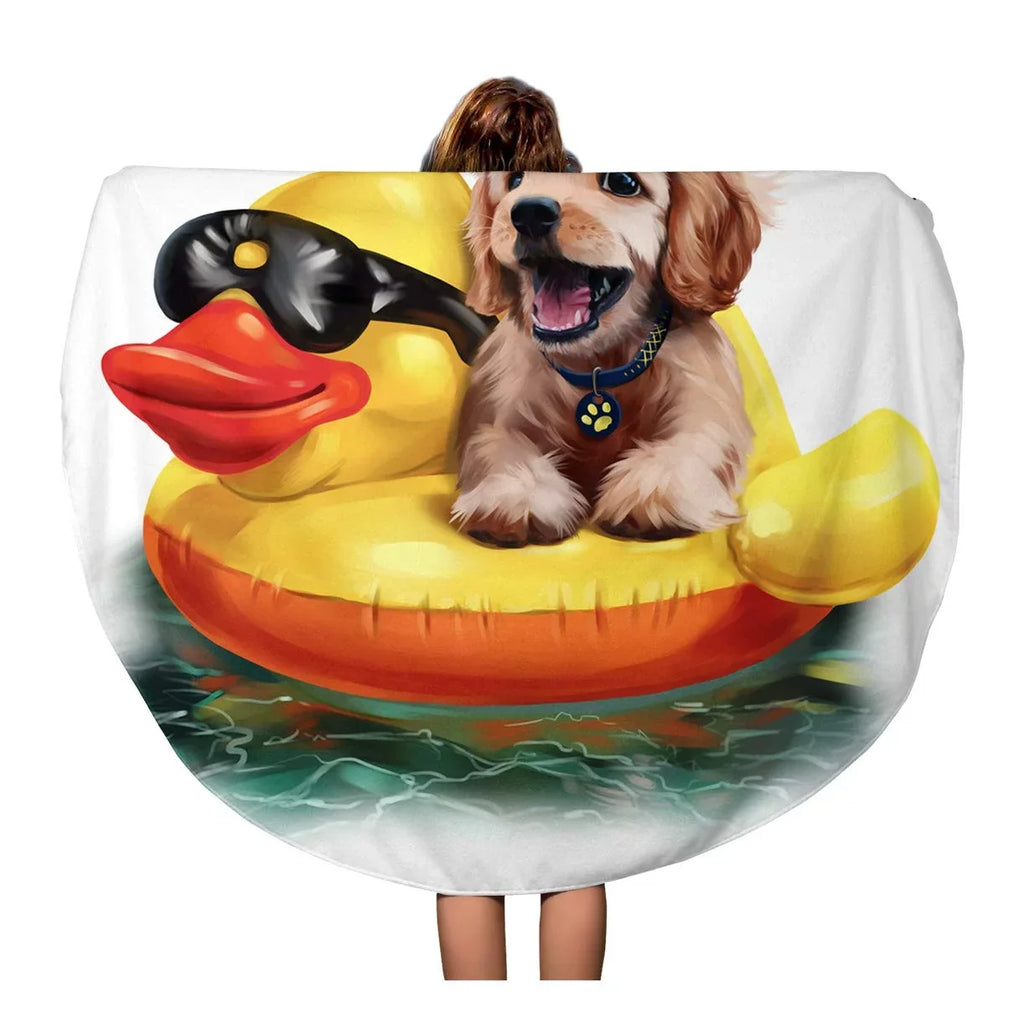 SIDONKU 60 inch Round Beach Towel Blanket Beach Puppy Floats on Inflatable Duck Liquid Drawing Labrador Travel Circle Circular Towels Mat Tapestry Beach Throw