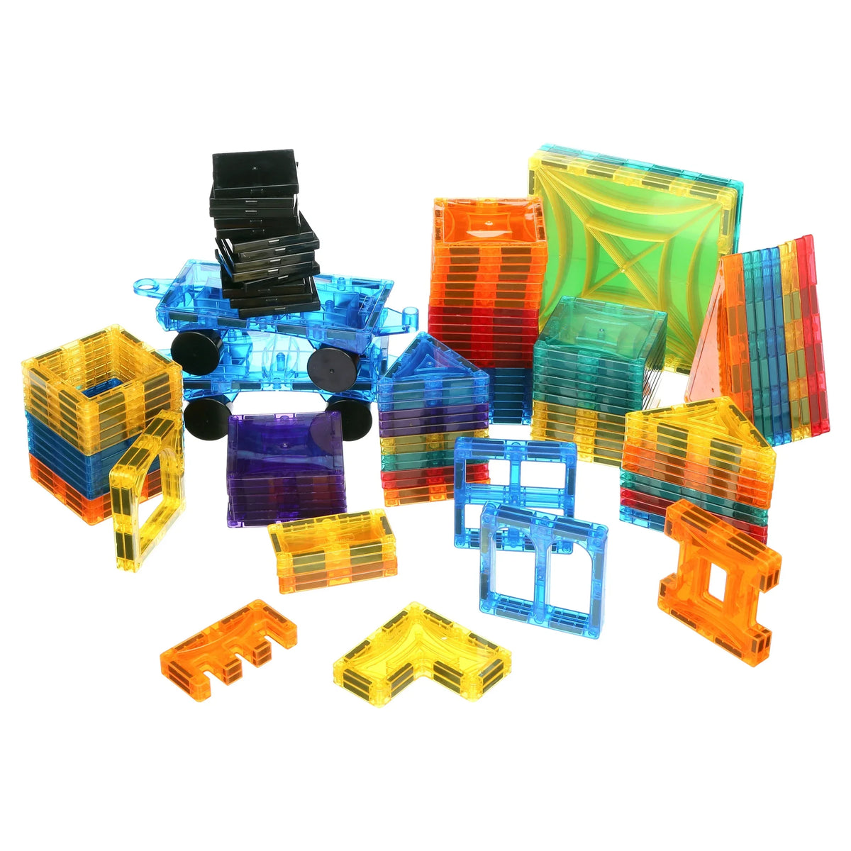Mag-Genius Award Winning building Magnet Tiles Clear Colours 3D Brain Building Blocks Set of 105 + Pieces Includes 2 Cars And Free Storage Bin