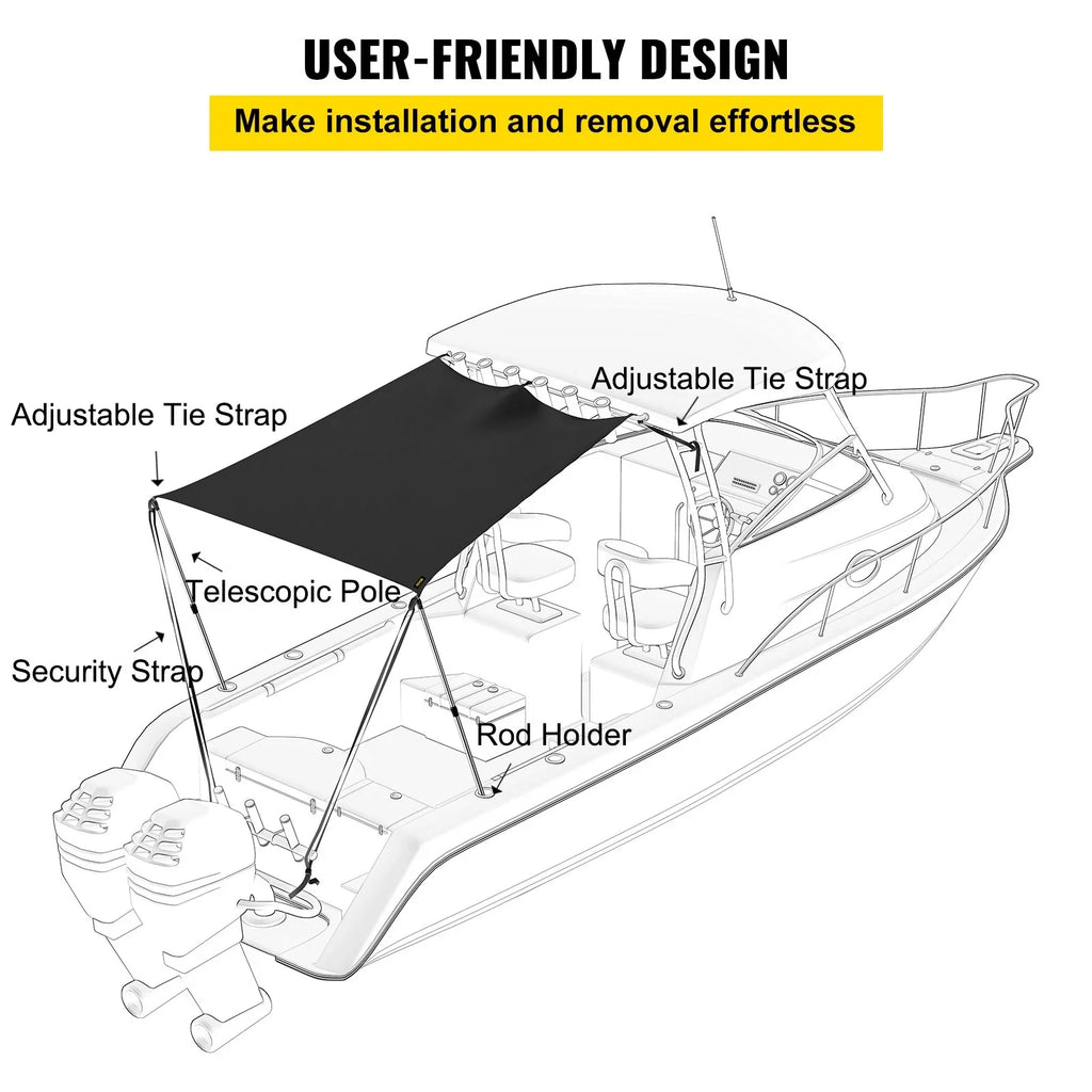 VEVOR 5'x5' UV-Proof T-Top Sun Shade Kit - 600D Polyester with Rustproof Telescopic Steel Poles, Liquid Easy Assembly for T-Tops & Bimini Tops