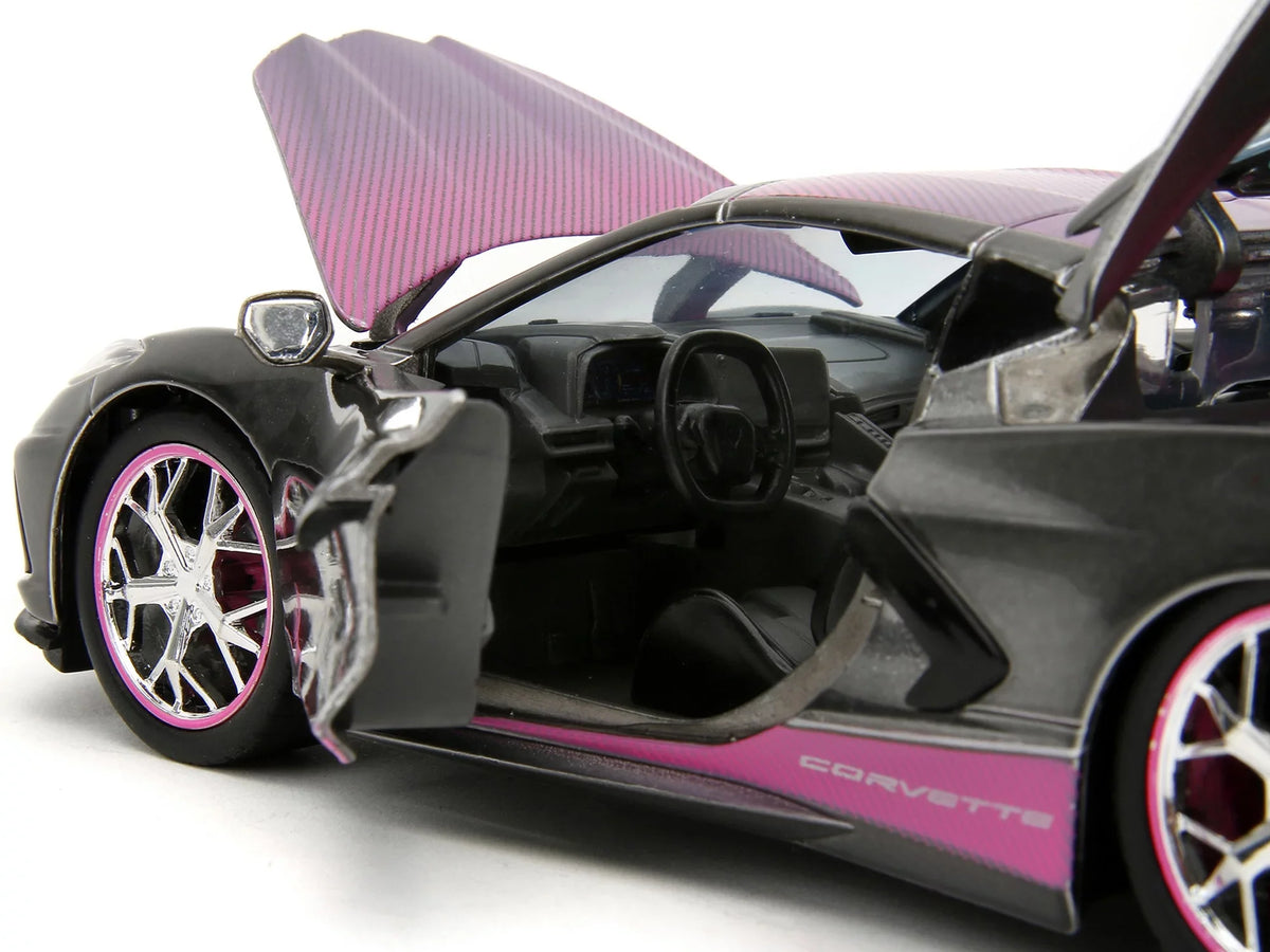 2020 Chevrolet Corvette Stingray Gray Metallic with Pink Carbon Hood and Top "Pink Slips" Series 1/24 Diecast Model Car by Jada