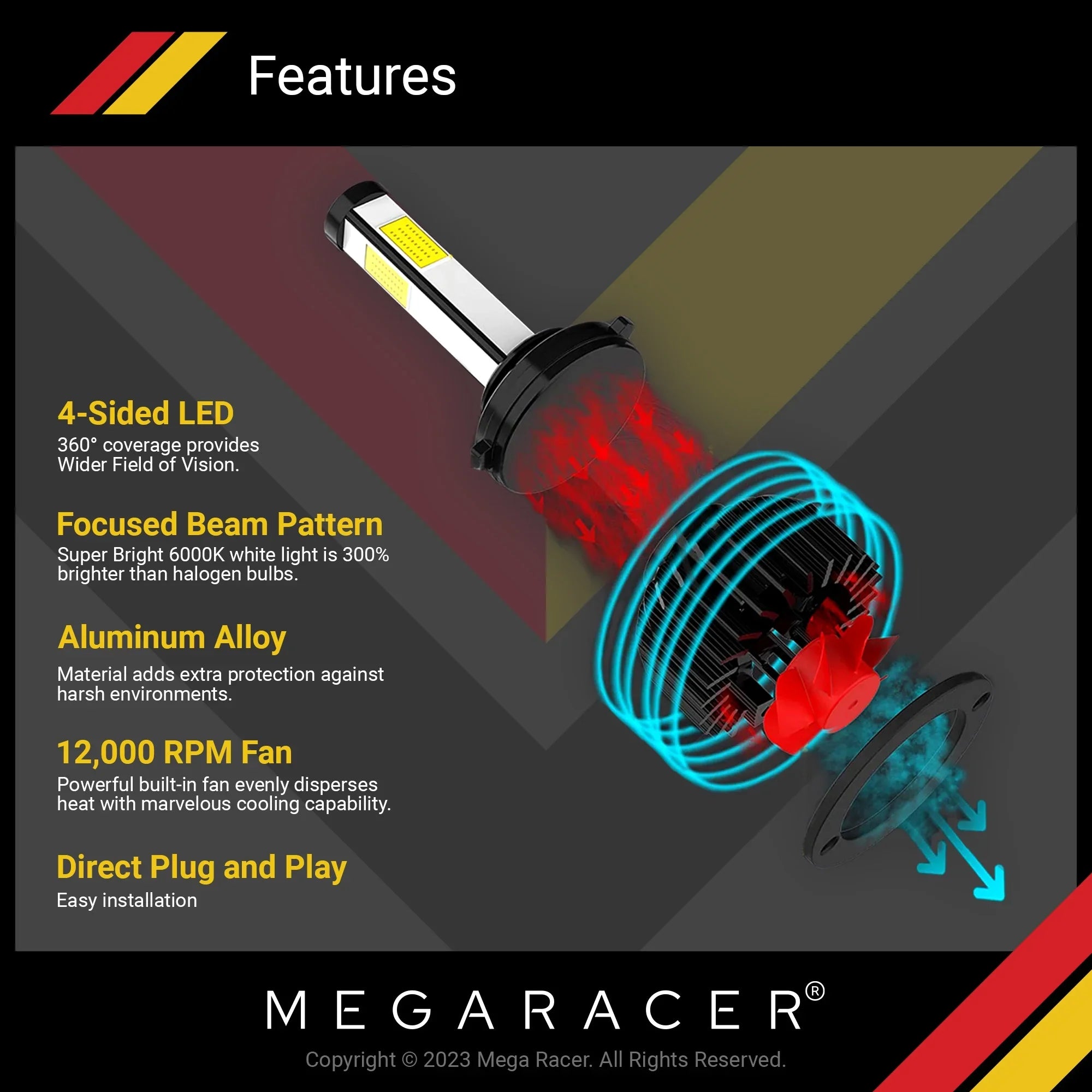 Mega Racer BMW 428i xDrive Gran Coupe 4 Sided H11 H9 H8 LED Headlight Bulbs 6000K Diamond White 12V 60W 10000LM BMW 428i xDrive Gran Coupe 2015 2016 15 16 Fog Light Automotive Replacement