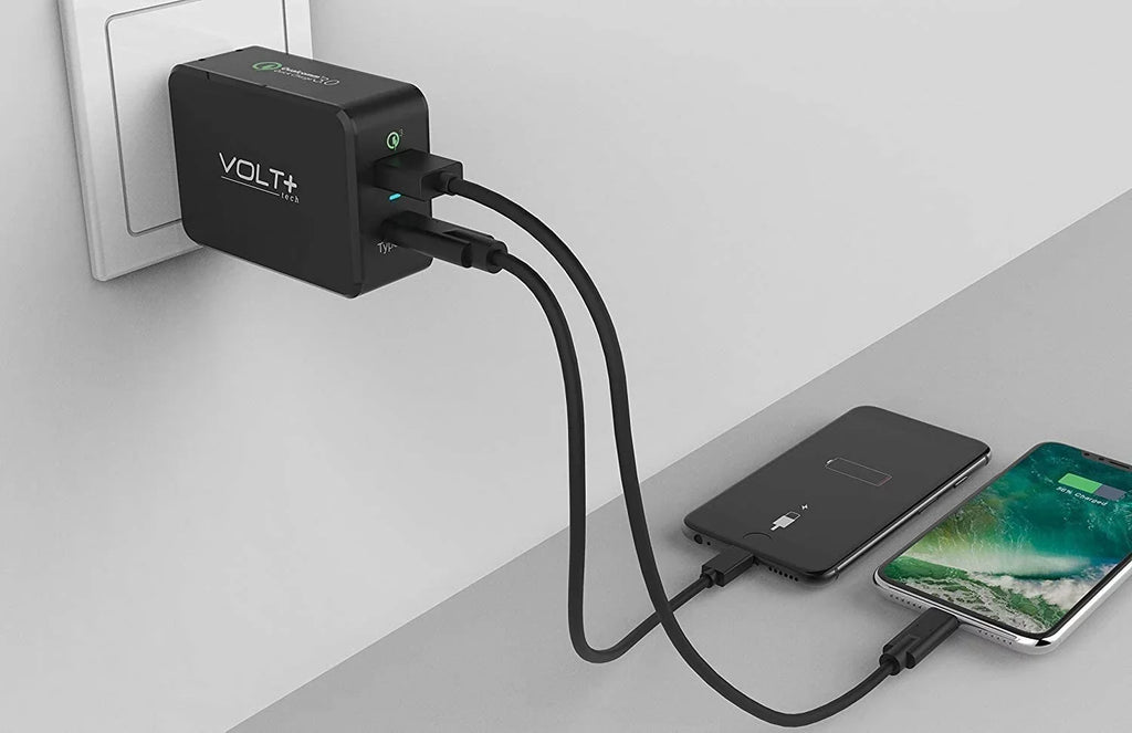 Professional 33W QC 3.0 Compatible with Xperia XA/P/Z5/Z3/Z3v/Z2/E5 Quick Adaptive Fast Charge 3.0 with Folding Blade Plus Both MicroUSB/Type-C Cables [Black/UL Certified]